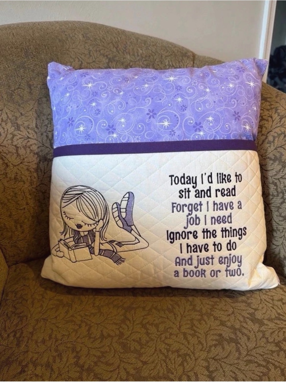 Embroidered Purple Reading Pillow - Home Accents